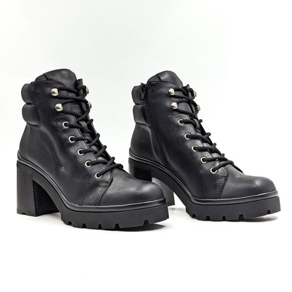 Jeffrey Campbell Women Hikes Black Leather Festival Platform Combat Boots size 7 - Picture 1 of 11